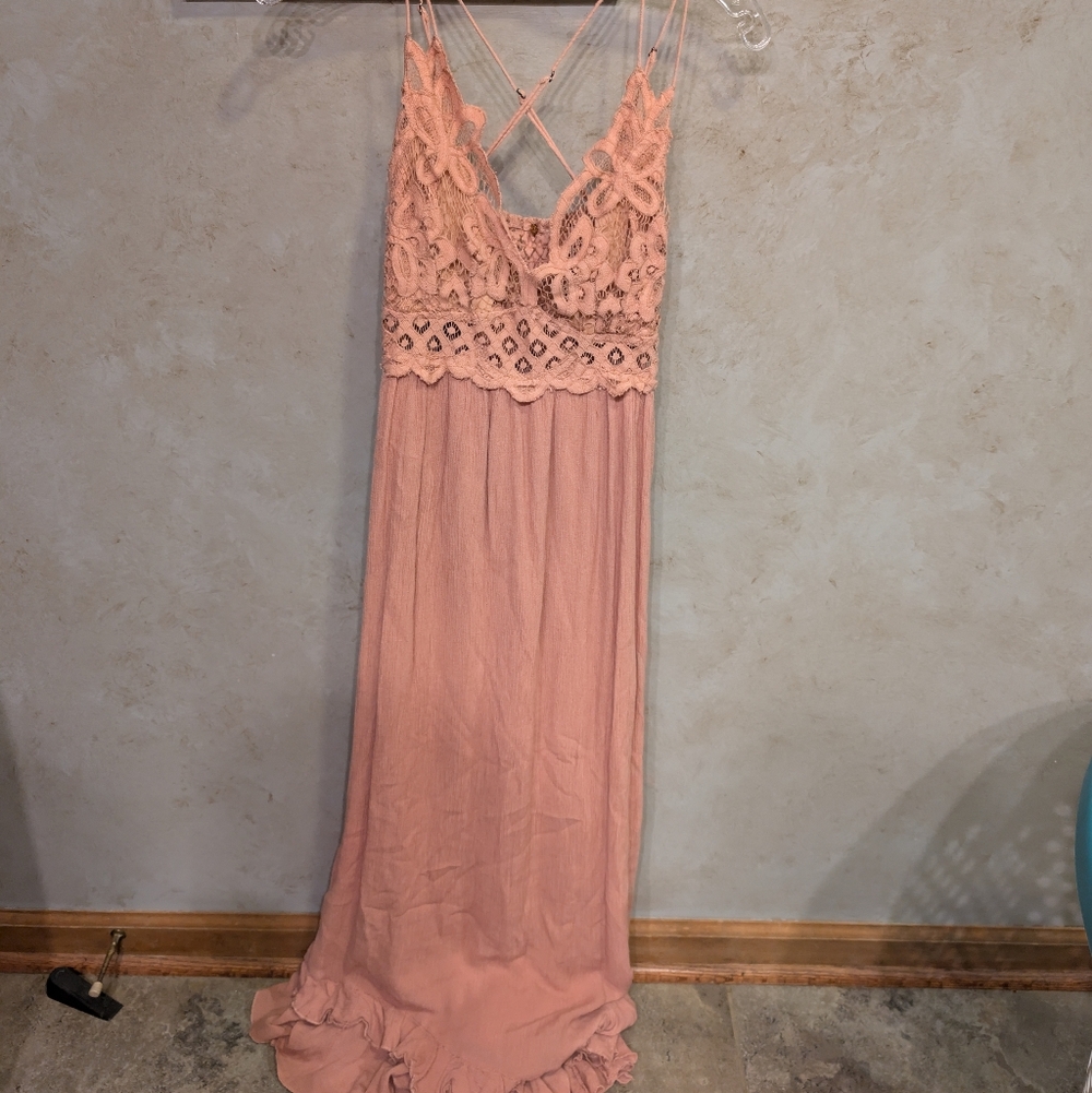 Free People Adella Crochet Lace Maxi Slip Dress Dusty Pink Rose Large